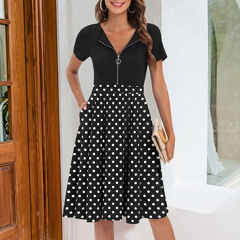 

2022 Summer New Stitching Dress Short-sleeved High-waisted V-neck All-match A-line Skirt Fashionable Temperament Women Clothing