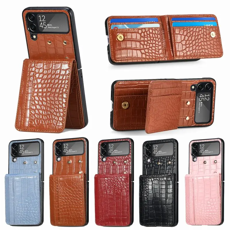 

Solid Color Leather Card Wallet Phone Case For Samsung Galaxy Z Flip 4 Shockproof Anti-Drop Magnetic Slim Holder Flip Cover