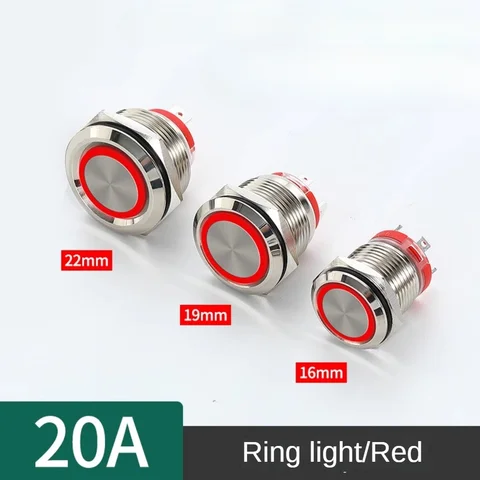 Металлический кнопочный переключатель, 16/19/22 мм, 20 А, высокая сила тока, класс водонепроницаемости IP67, светодиодный светильник, автомобильный переключатель питания двигателя, красный