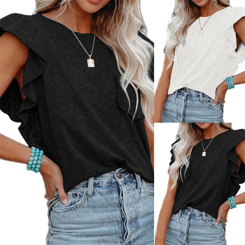 

Ruffle Blouse Shirts Office Lady 2022 Summer Short Sleeves Slim Blouses Women Sexy Tops
