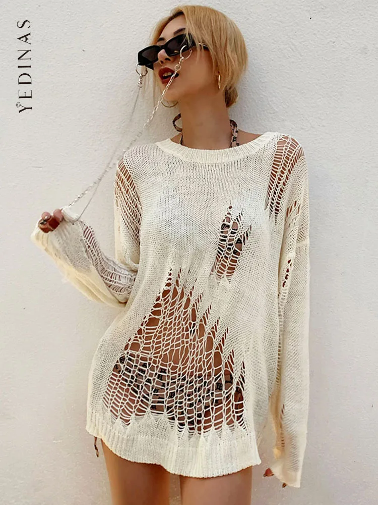 

Yedinas Hollow Out Sexy Sweater Women Loose Knitted Tops Hole Thin Pullovers Long Sleeve Oversized Streetwear American Style 90s