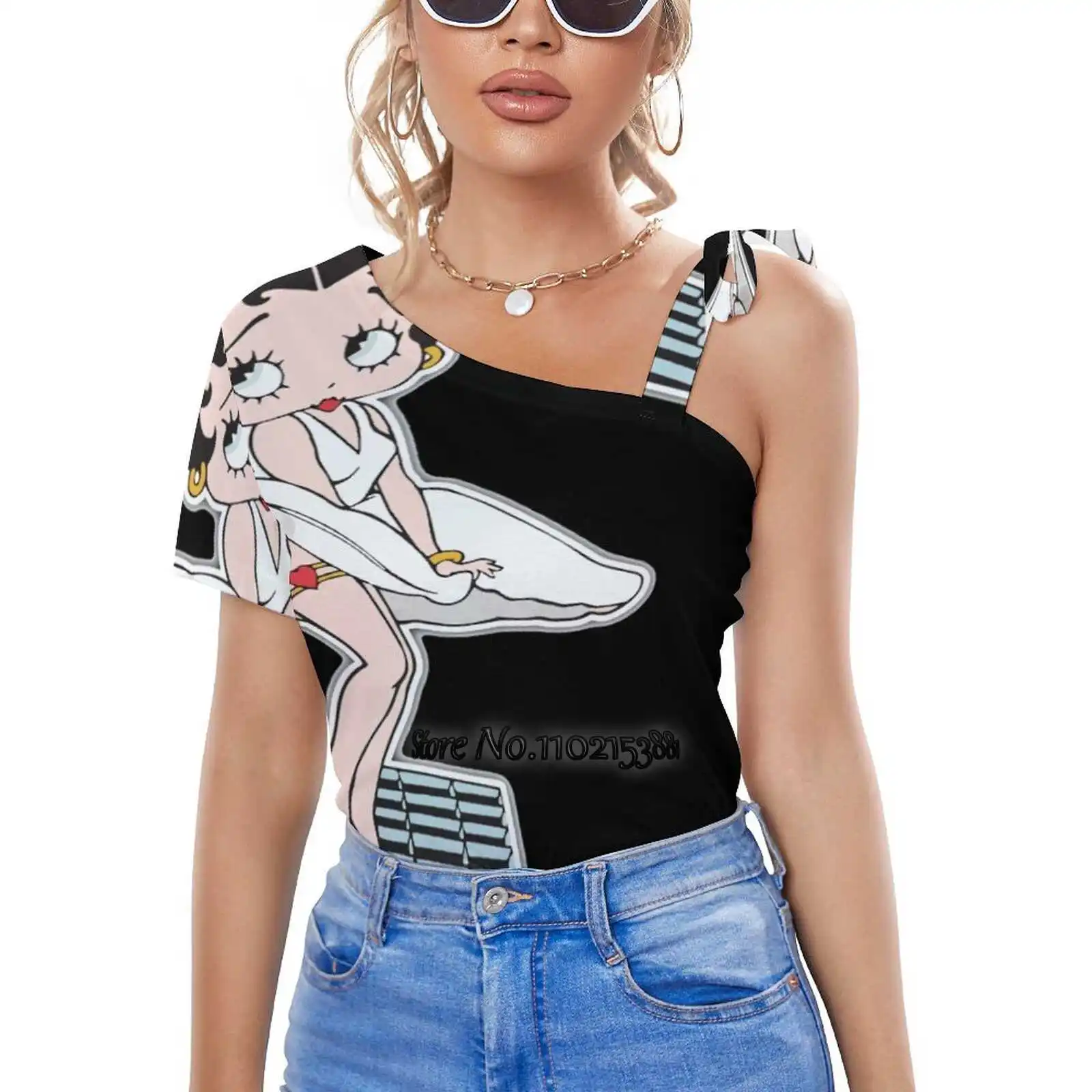 

The Legend Fashion Print T Shirts One Shoulder Lacing T-Shirt Women Ladies Girls Tops & Tees Fashion Anime Tv Show Movie Boop