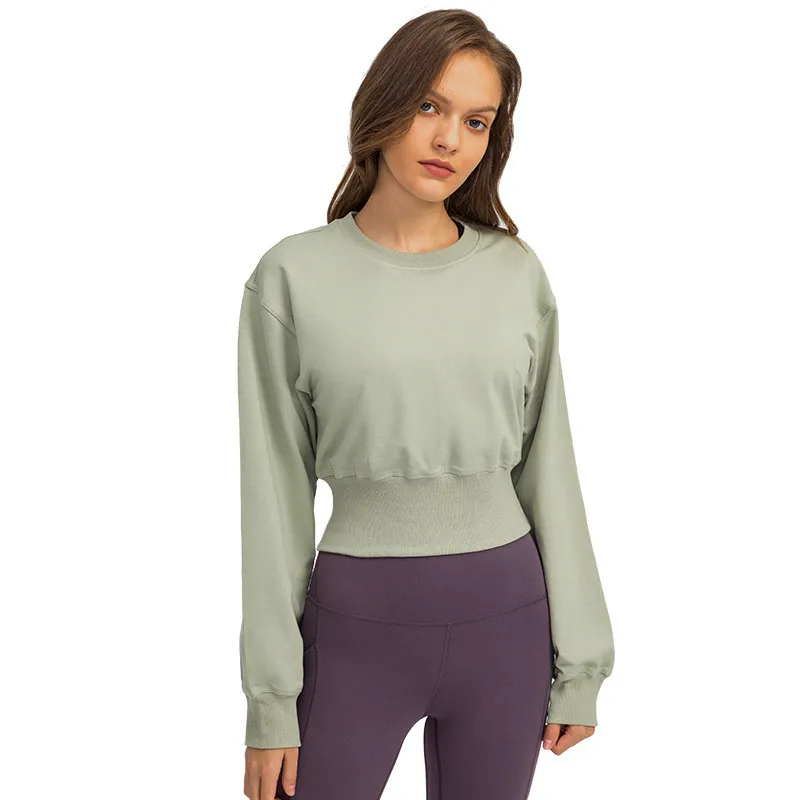 

New Gym Women Loose Casual Sports Long Sleeve Sweatshirt Fitness Running Clothing Draw Back Gym Running Yoga Ribbed Crew Neck