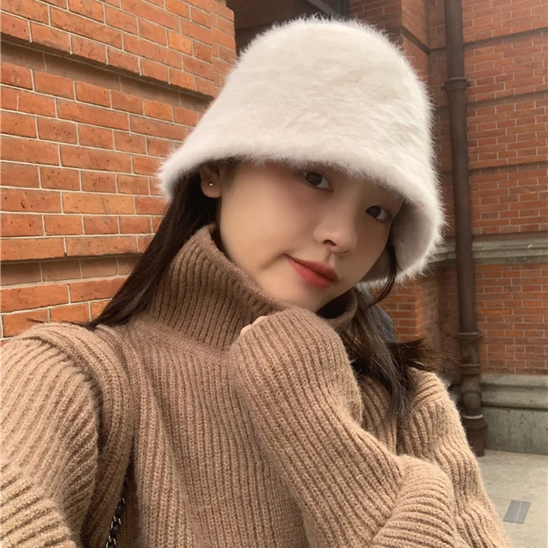 

New Fashion Artificial Rabbit Fur Bucket Hat Women Autumn Winter Warm Thickened Fisherman Hat Panama Plush Basin Hat Lady Cap