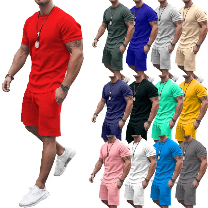 

Men's Tracksuit 2 Piece/Set Short Sleeve T Shirt and Shorts Casual Pants Summer Solid Sport Fashion Man Clothing