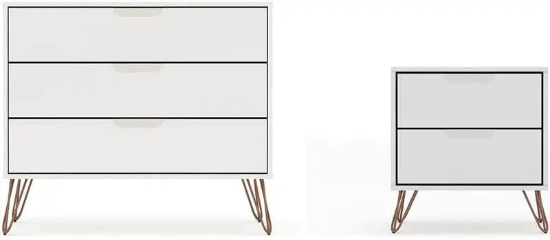 

Mid-Century Modern 3 Drawer Bedroom Dresser with Nightstand, Set of 2, White