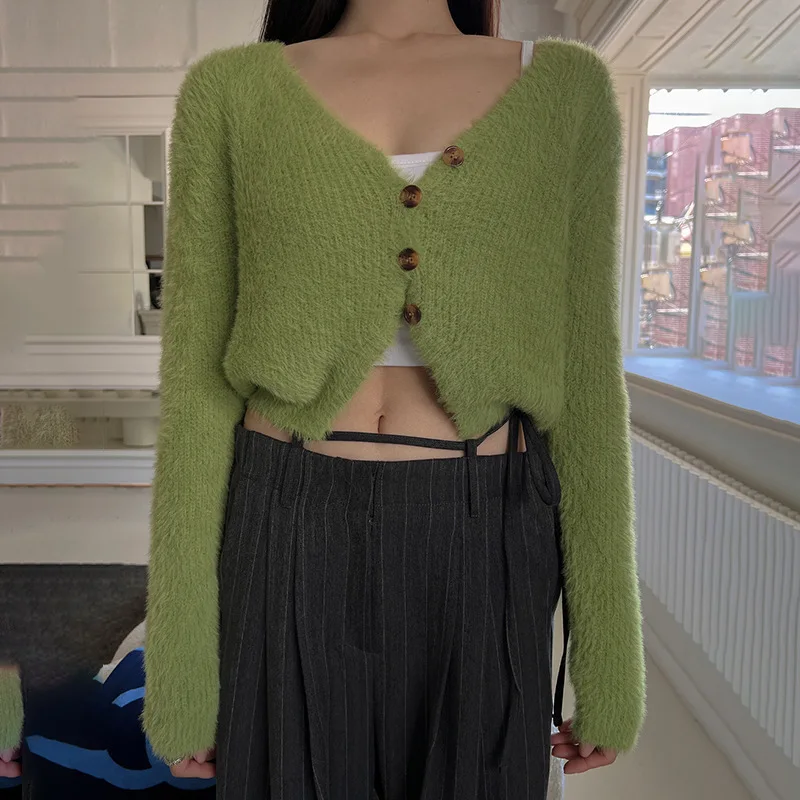 

Spring Fashion Plain Single-breasted Long Sleeve V-neck Casual Knitted Cardigans Top Short Sweaters Women Girl Knitwear Crop Top