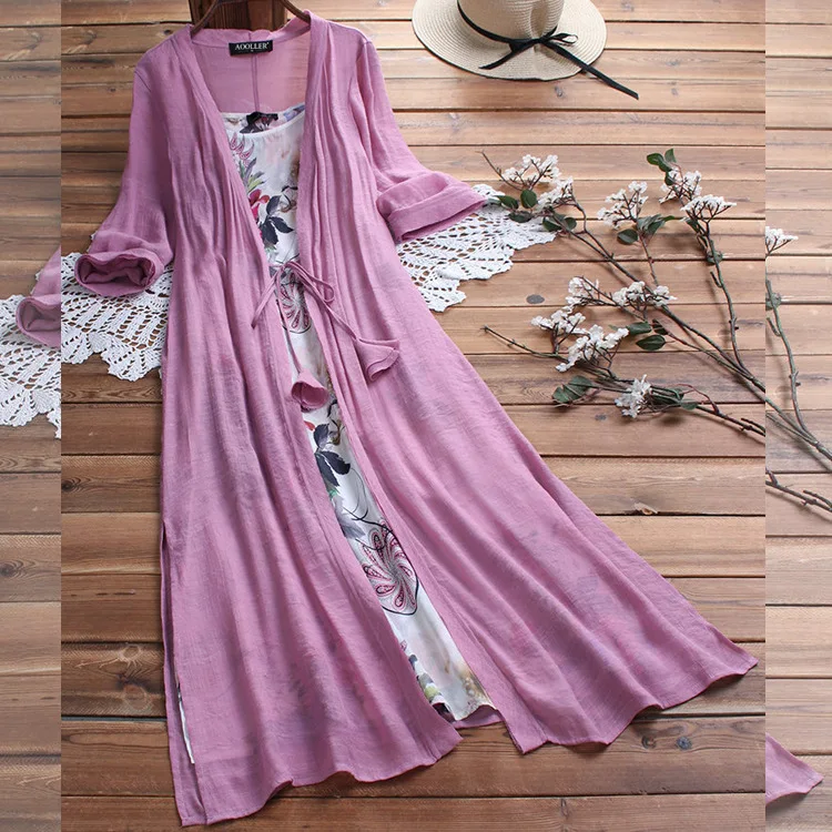 

Women's Summer Dress Suit New Fashion Round Neck Dress Two-Piece Suspender Skirt Mid-Sleeve Skirt Cotton Linen Long Skirt