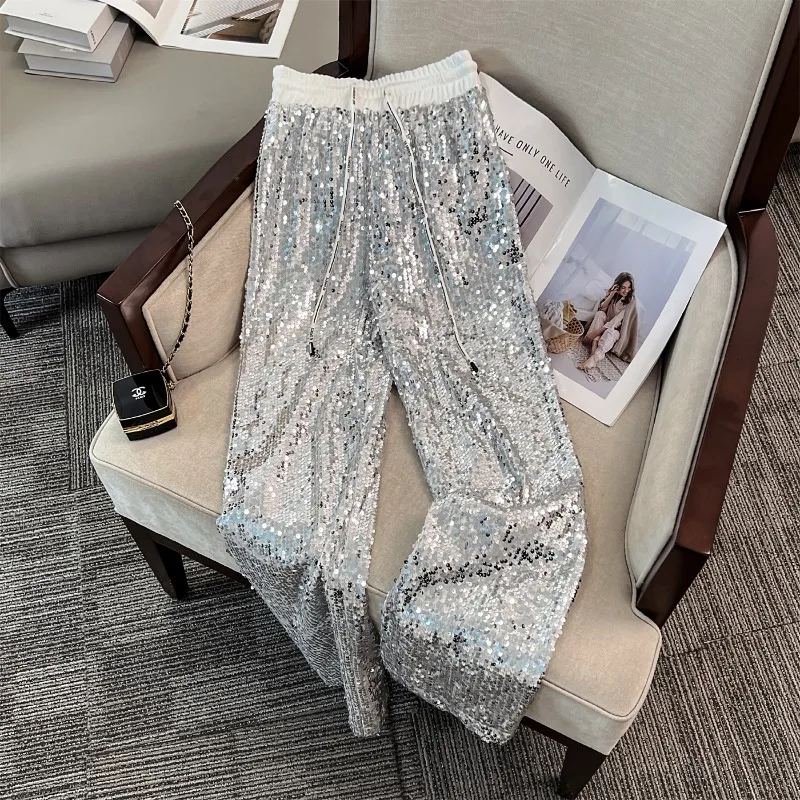 Брюки женские с блестками и широкими штанинами модные повседневные блестящие