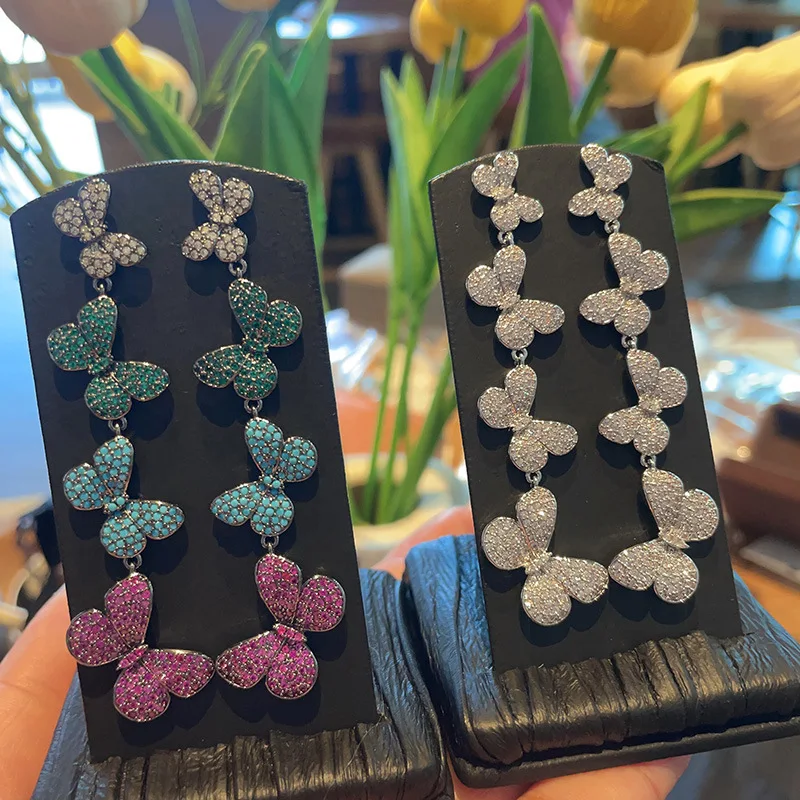 

S925 Silver Needle Dancing Butterfly Colorful Zircon Micro Inlaid Long Ladies Elegant Earrings