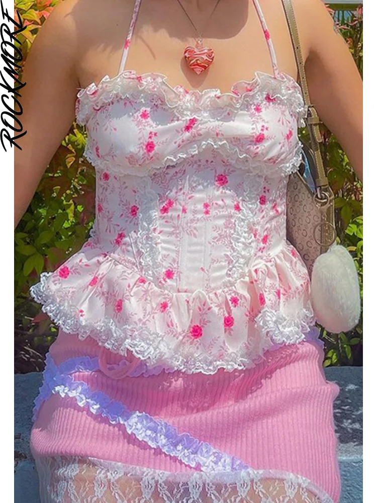 

Женский кружевной топ с оборками Rockmore Y2K, шикарный укороченный топ с открытыми плечами и открытой спиной, винтажный корсет с цветочным принт...