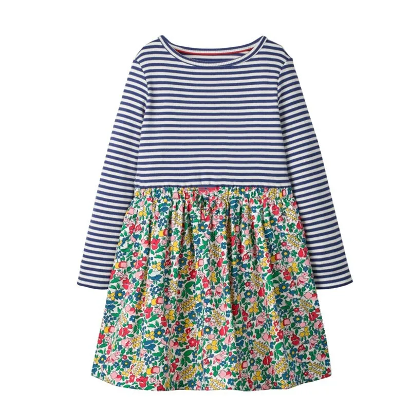 

Kids Girls Flowers Pirnted Blue Stripes Round Neck Pleated Long Sleeves A-line Knee Length Dress
