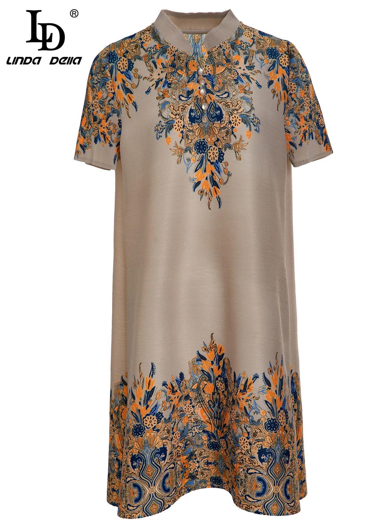 

LD LINDA DELLA Fashion Runway Summer Dress Women's Shorts Sleeve Beading Floral print Loose Vintage Knee Dresses Vestidos