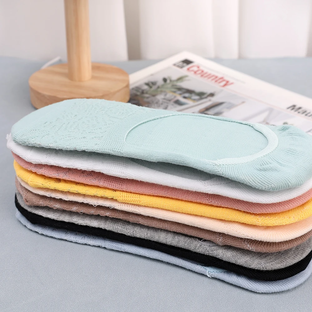 5pairs Women Boat Socks Summer Invisible Mesh Ankle Short Stockings Silicone Non-slip Breathable Lace Solid Low Tube Cotton Sock