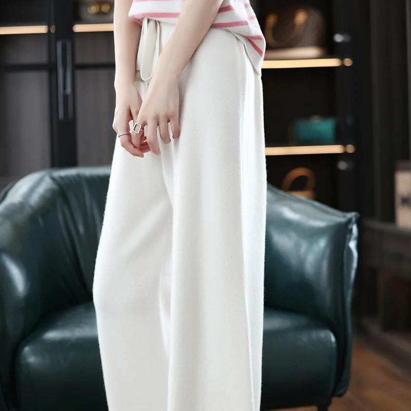 2023Woolen Pants Ladies Autumn/Winter 100% Pure Wool Fashion Casual Moped Pants Knitted Straight Leg Pants Go With  Everything