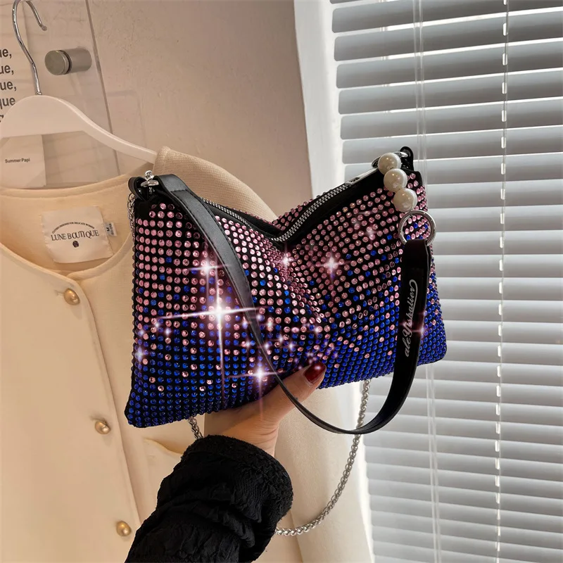 

New Fashion Personality Diamonds Shoulder Crossbody Bag Horizontal Square Chain Women's Handbags Popular Wild Party Clutches