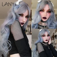 long wavy grey wigs synthetic women%e2%80%99s wigs middle part natural hair line 26 inches wigs daily use cosplay wigs heat resistant