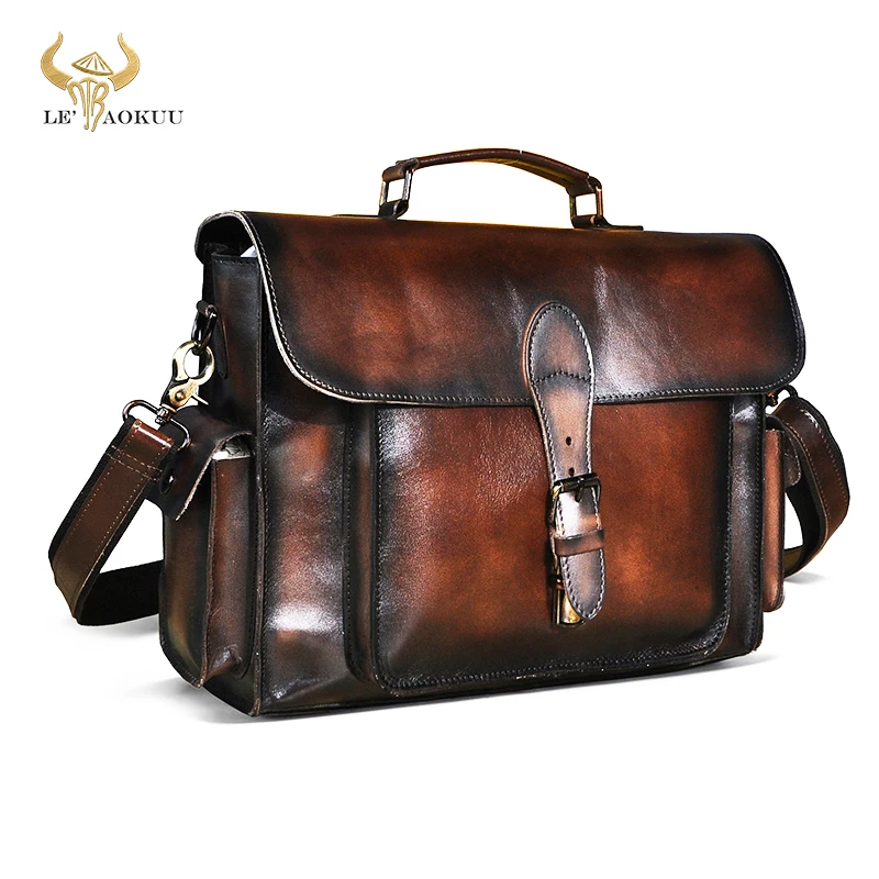 Coffee Solid Genuine Leather Antique Business Briefcase 13