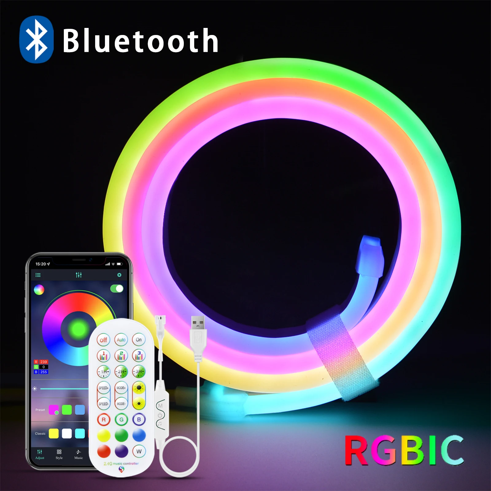 Неоновая Светодиодная лента лампа с Bluetooth App и дистанционным управлением 5 В USB RGBIC