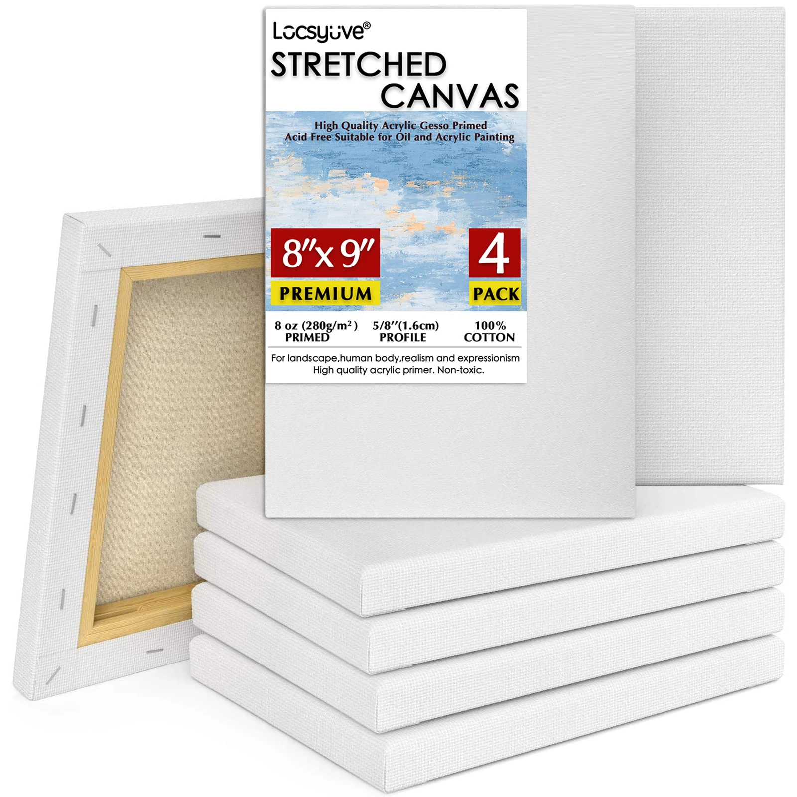 

Locsyuve Stretched Canvas, 4pcs, 8 x 8 Inches, Blank White Canvas,100% Cotton, Art Supplies for Acrylic Pouring and Oil Painting