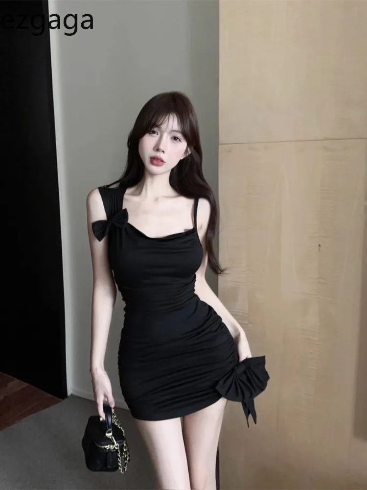 Ezgaga сексуальное женское платье с бантом без рукавов V-образным вырезом рюшами
