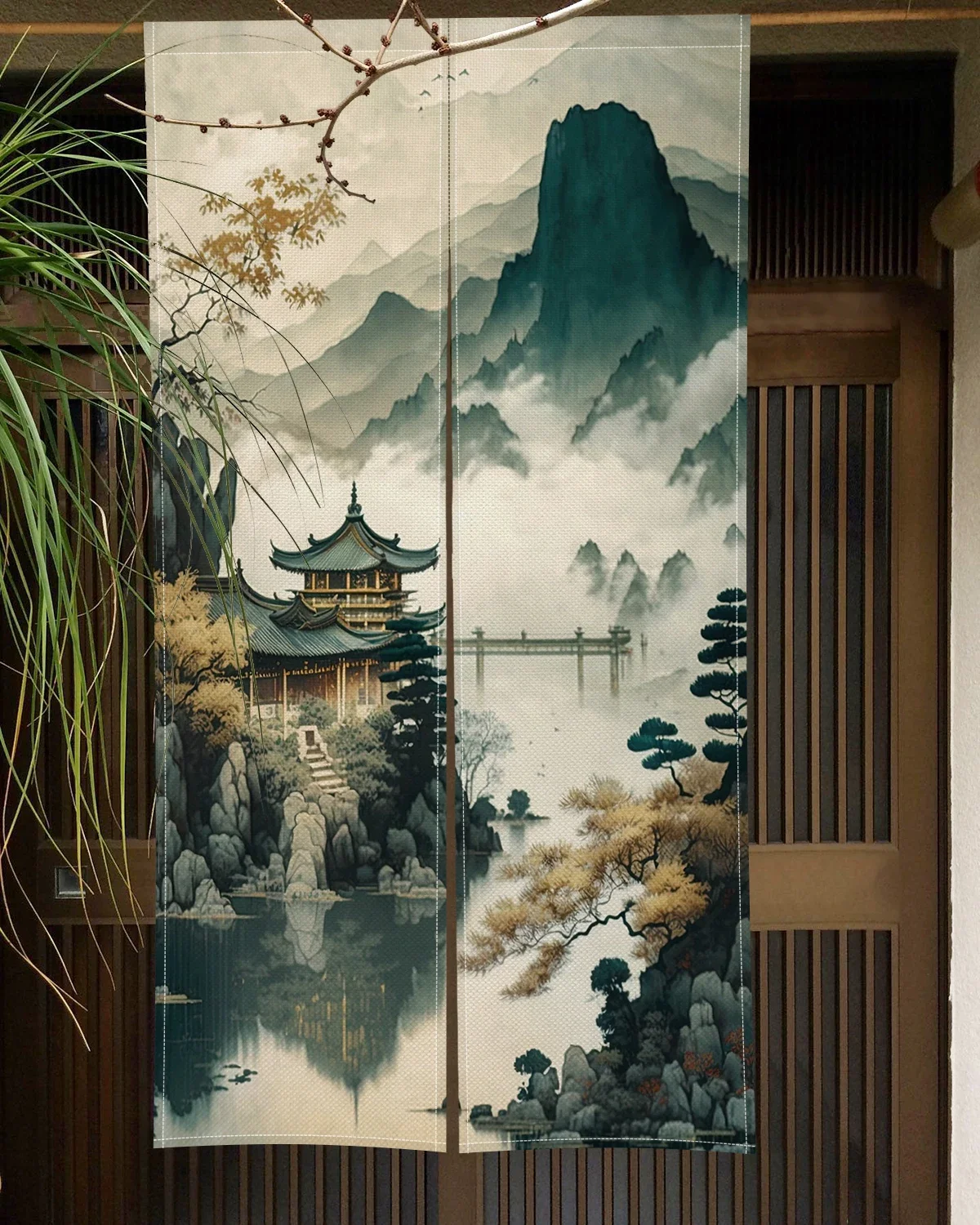 Занавеска на дверь с изображением пейзажа и горного журавля