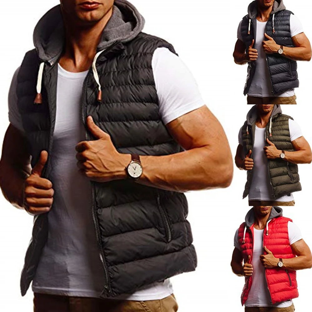 Fashion Men Jacket Winter Warm Cotton Vest Jacket 5XL Sleeveless Coats with Zipper Casual Men Hooded Jacket Outwear