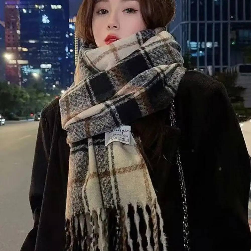 Уютный клетчатый кашемировый зимний шарф роскошный теплый дорожный для женщин