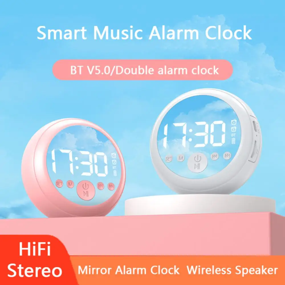 

Hifi Stereo Speaker Support Tf Card Buletooth-compatible 5.0 Outdoor Loudspeaker Round Shape Mirror Alarm Clock Super Volume