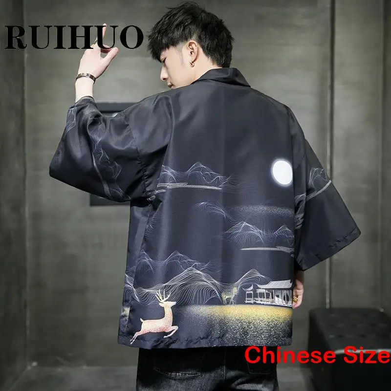 

RUIHUO Scenery Print Kimono Mens Vintage Clothing Haori Shirt Blouse Japanese Fashion Summer Clothes Cardigans 5XL 2023 Summer