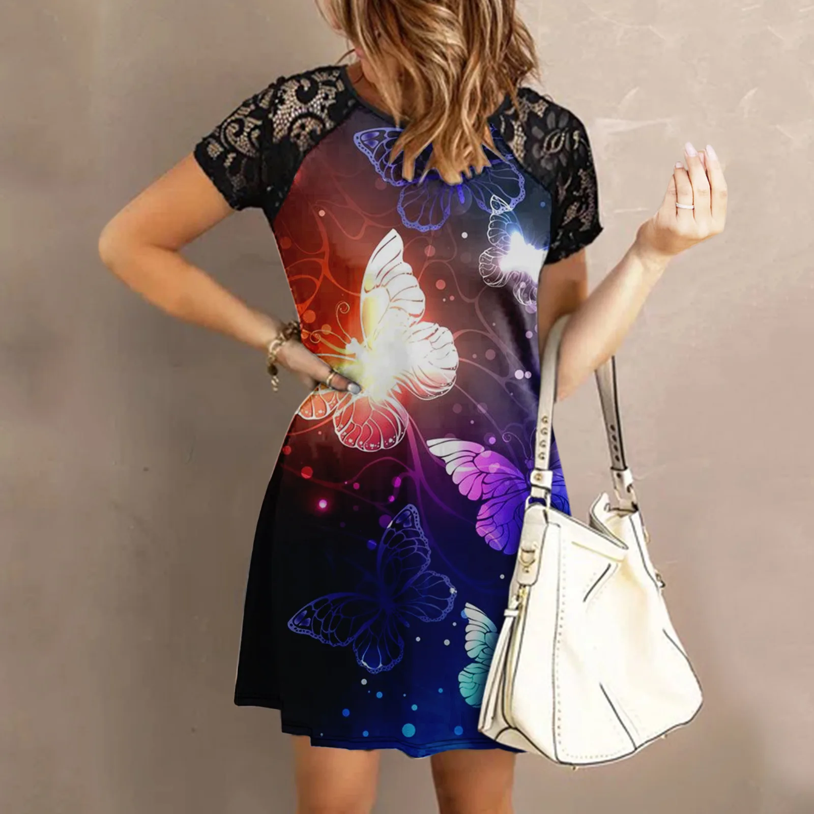 

Женское винтажное платье с кружевной юбкой, Элегантное повседневное праздничное платье с коротким рукавом, круглым вырезом и принтом, лето