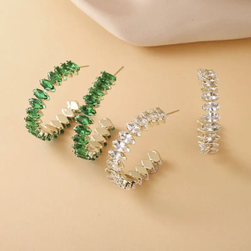 High-grade Green C-shaped Earrings for Women Fashion Simple Geometric Zircon Metal Circle Hoops Earrings Trend Jewelry Gifts