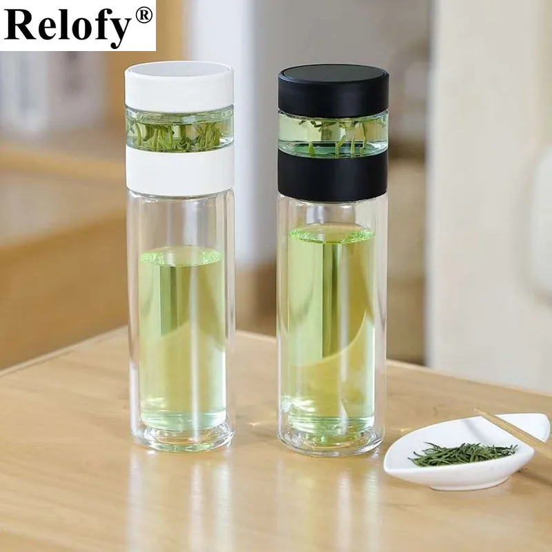 

300ml Portable Double Wall Glass Tea Water Bottle with Tea Infuser Outdoor Bike Climbing Leak-Proof Sport Water Bottle Drinkware