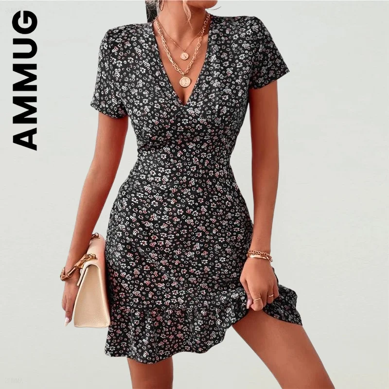 

Ammug Women Fashion Dress Sexy Short Dress Women V Neck Slim Floral Print Mini Sundress Robe Club Harajuku Dresses Woman Female