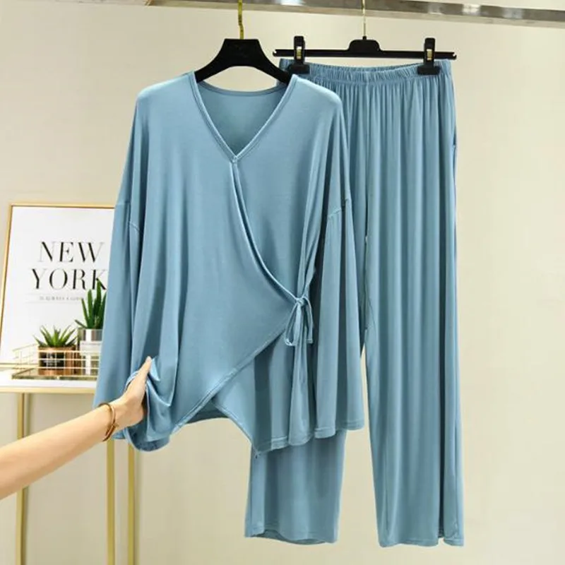Loose Pijamas Women New Autumn Winter Sleepwear Pajamas Set Casual V-neck Nightwear Female Home Clothes Modal Cotton Pyjama Suit