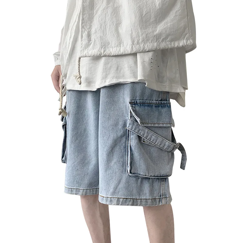 

Wholesale 2022 Denim Shorts Men's Summer Trend Loose Hong Kong Wind Tooling Cargo Pants Casual Students Shorts Straight Jeans