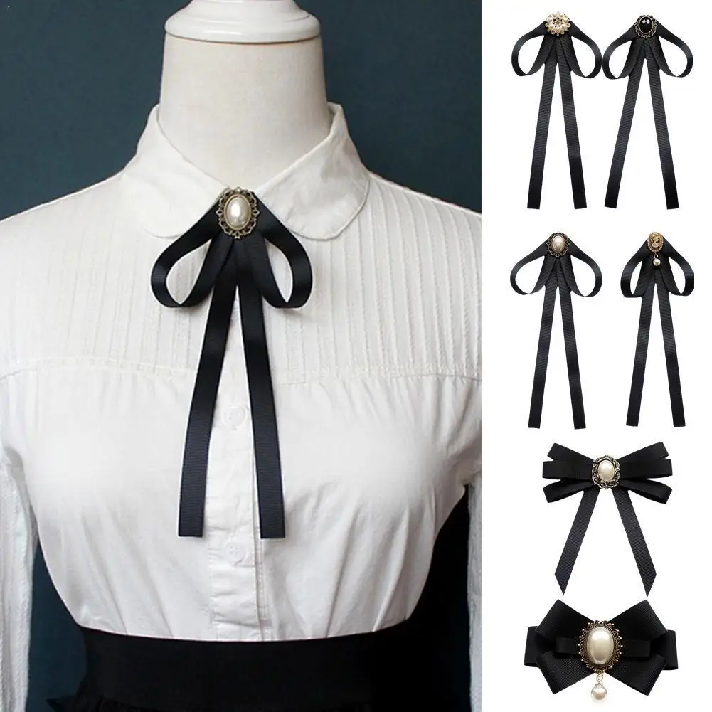 

1pcs Vintage Pre-Tied Neck Tie Brooch For Women Elegant Imitation Pearl Ribbon Black Bow Tie Collar Jewelry Shirt Necktie Clip