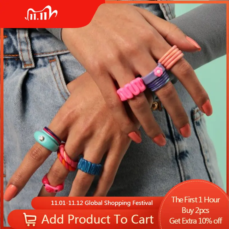 

1PC 2022 Fashion Colorful Irregular Round Handmade Hit Color Stripe Ceramic Clay Rings for Women Jewelry Gifts Wide Ring