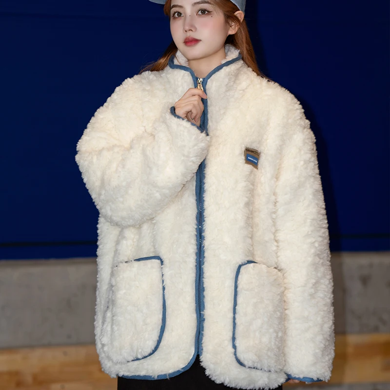 New Fashion Winter Women Lambhair Coat 2022 Colorblock Thicken Fluffy Wadded Jacket Mid-long Zip Stand Collar Lambswool Overcoat