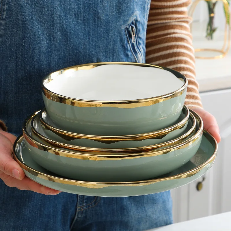 

Nordic creative household tableware Phnom Penh ceramic dish plate rice bowl steak plate combination light green minimalist style