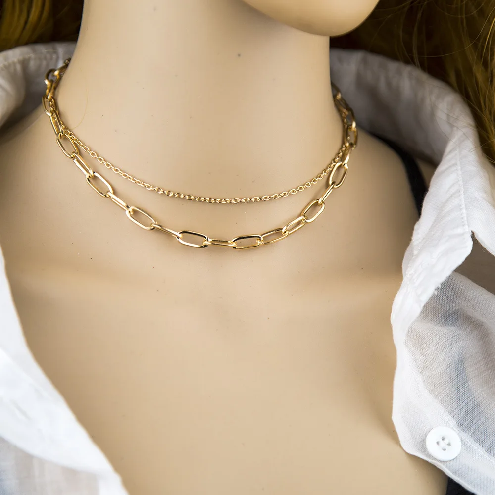 

New European and American Fashion Exaggerated Double-layer Geometric Square Chain Necklace Gold Multi-layer Necklace Necklace