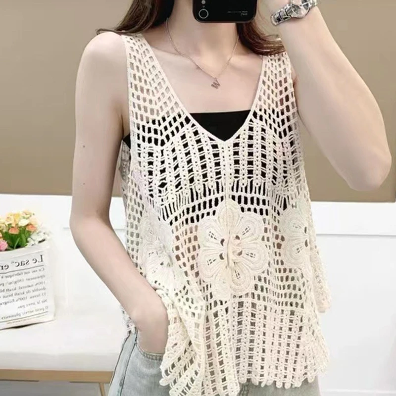 

Women Crochet Sleeveless Tank Top V-Neck Hollow Knit Floral Beach Sweater Vest