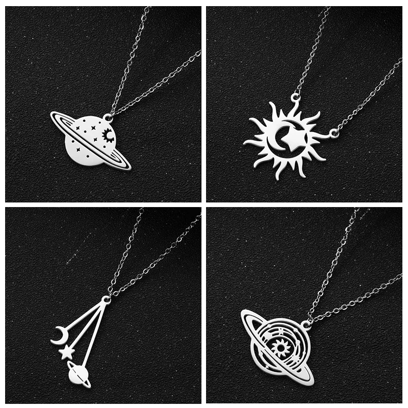 

Charms Planet Starry Sky Stainless Steel Necklace Chain For Women Moon and Sun Pendant Necklace Lot Fashion Jewelry Girl Gift
