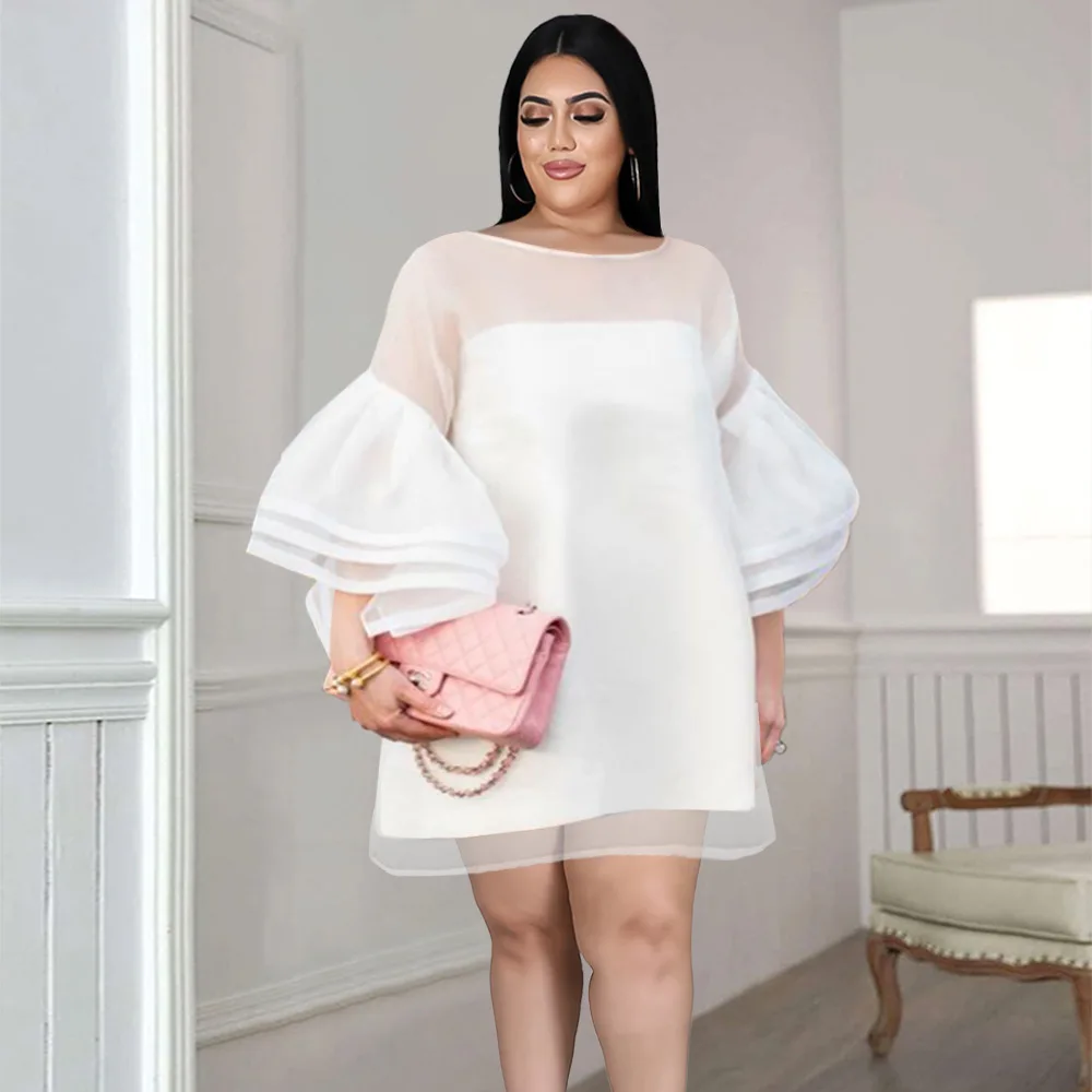 

Elegant Women White Loose Dresses Sweet O Neck Patchwork Long Sleeve See Through Tulle Cover Robes Elegant Fashion Gowns Dress