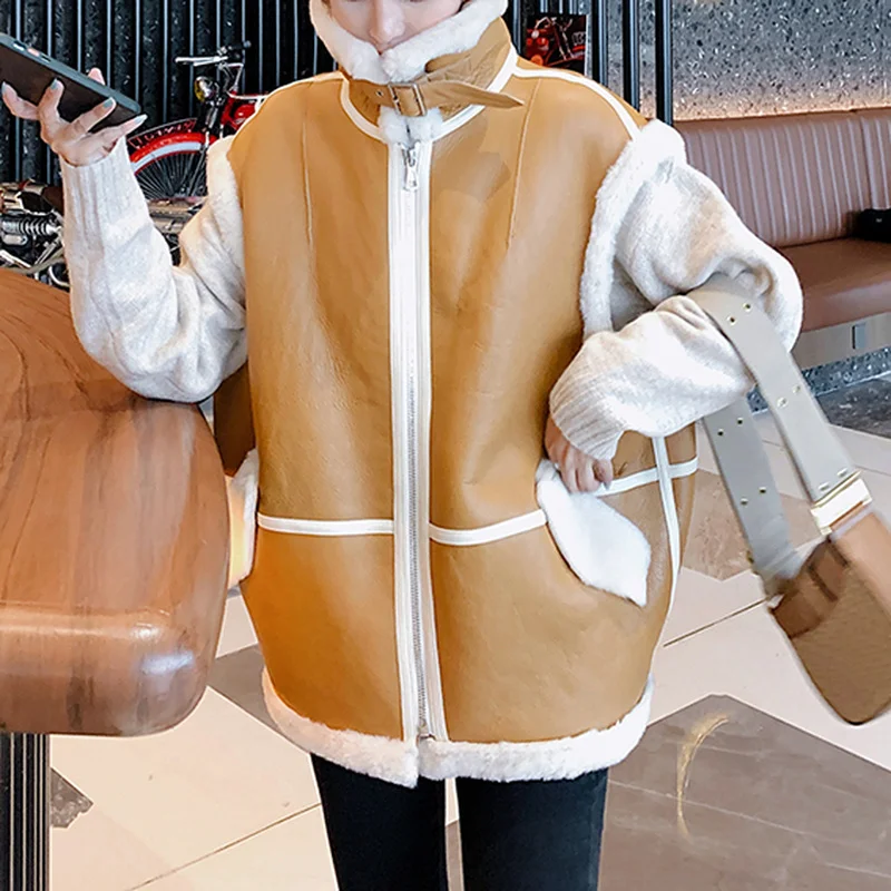 

Women Integrated Thick Lamb Hair Korean Style PU Leather Jackets Winter Fur Clothing Fashion Pumpkin Color Loose Locomotive Vest