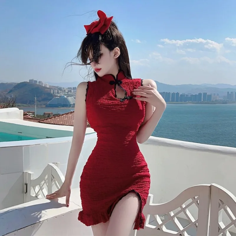 Короткое платье в китайском ретро-стиле для женщин пикантное облегающее