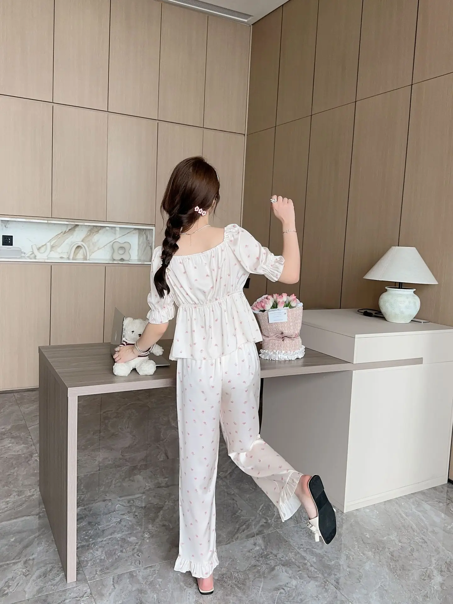 Summer Ice Silk Pajamas Women's Lace Short Sleeve Two Piece Princess Style Sweet Home Suit Can Be Outworn in Spring and Autumn