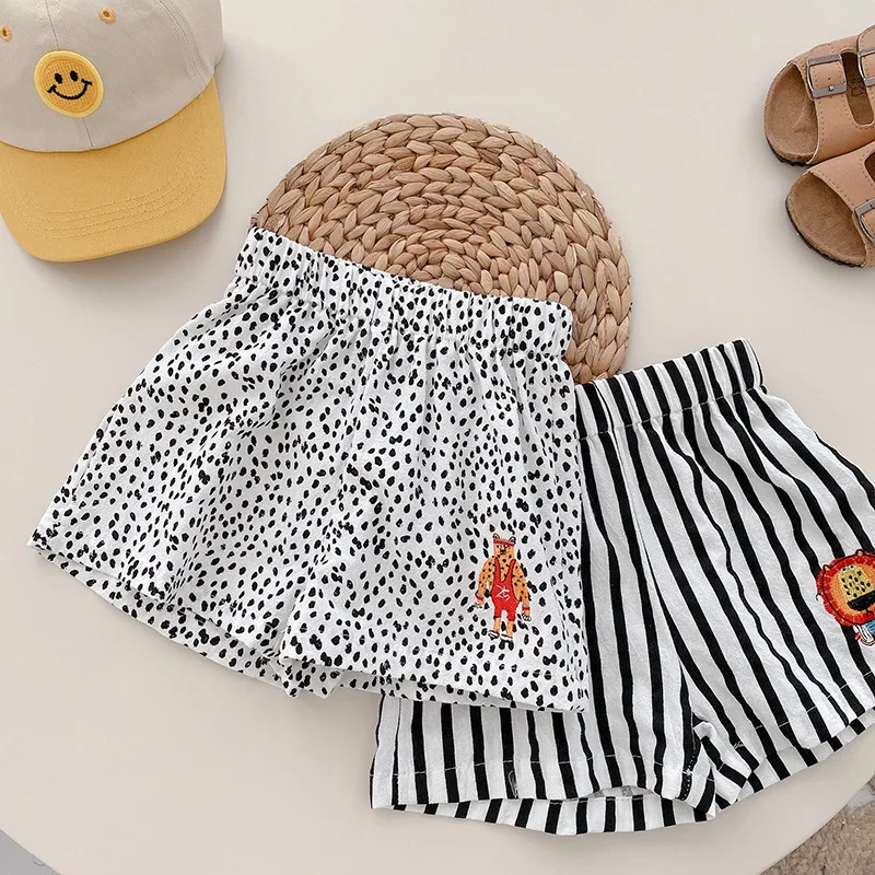 

Summer Children's Shorts Boys Girls Cartoon Emboridery Striped Dot Print Short Pants Fashion Kids Casual Shorts 1-6Y