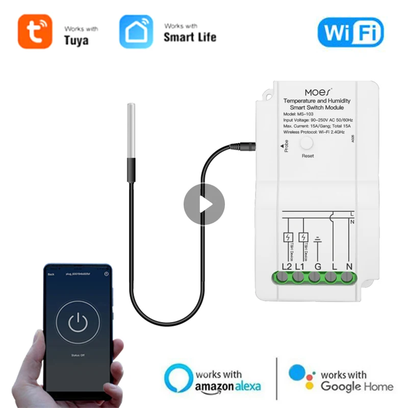 

Умный Wi-Fi модуль переключателя температуры и влажности Tuya, датчик с двойным релейным выходом, беспроводной контроллер, 30 м, работает с Alexa Google Home