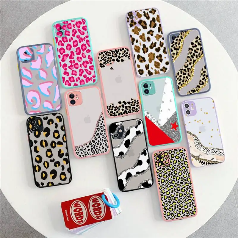 

FHNBLJ Fashion Leopard Phone Case for iPhone X XR XS 7 8 Plus 11 12 13 pro MAX 13mini Translucent Matte Shockproof Case